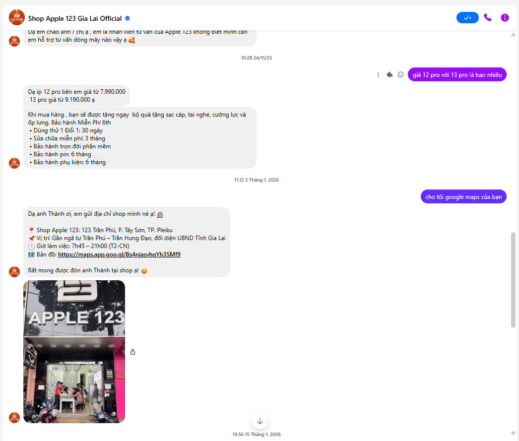 Đoạn chat với chatbot của Shop Apple 123