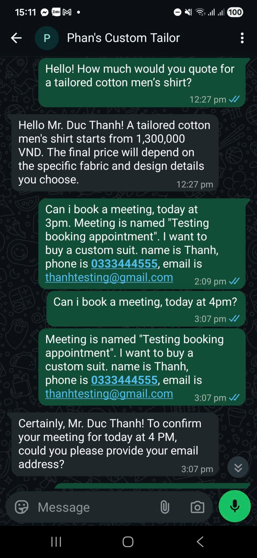 Đoạn chat WhatsApp với chatbot của Thinh Phan Tailor