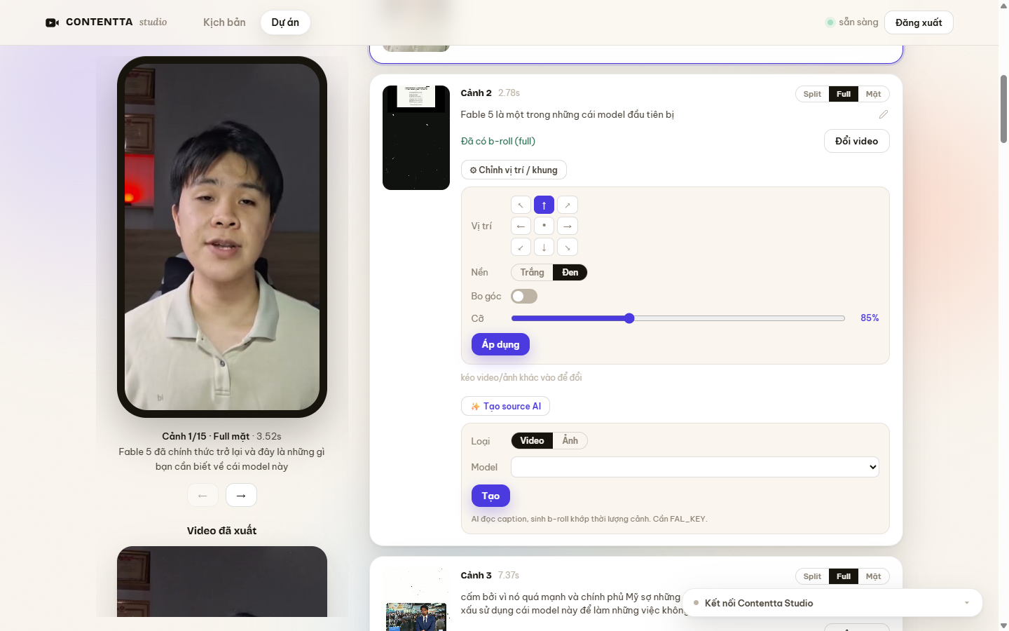 Giao diện biên tập video của Contentta Studio